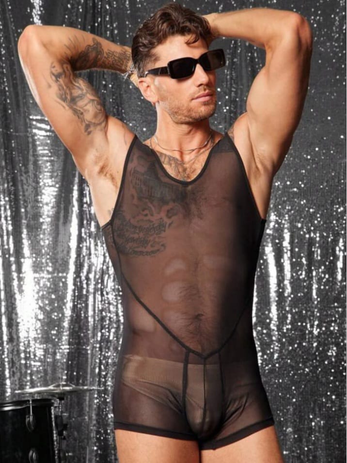 Men's Sexy See-Through Mesh Suspender Romper